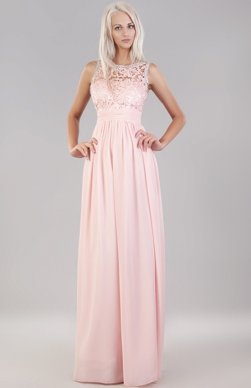 Jasno różowa suknia wieczorowa z koronką i kryształkami | Sukienki dla duhny, na studniówkę, wesele