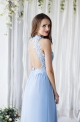 Sukienka wieczorowa szyfonowa zdobiona gipiurową koronką - Kwiatami 3D | beżowa suknia na studniówkę, dla druhny, na wesele