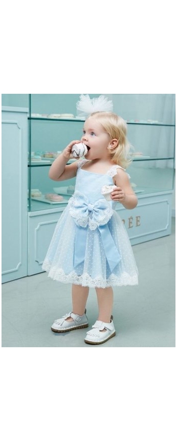 Sukienka dla dziewczynki, błękitna w białe kropeczki