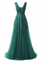 Tiulowa sukienka zdobiona gipiurową koronką | butelkowo zielona suknia wieczorowa