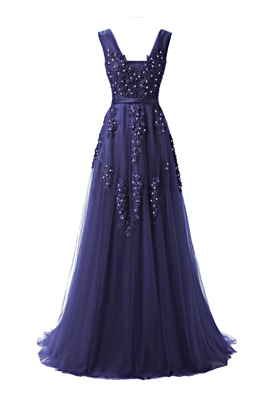 Tiulowa sukienka zdobiona gipiurową koronką | granatowa suknia wieczorowa z odkrytymi plecami