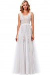 Tiulowa suknia ślubna zdobiona gipiurową koronką | biała suknia wieczorowa z odkrytymi plecami