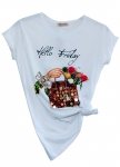 T-shirt damski z torebką cekinami i kwiatami 3D z napisem Hello Friday