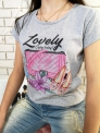 Szary t-shirt damski z nadrukiem i napisem Lovely