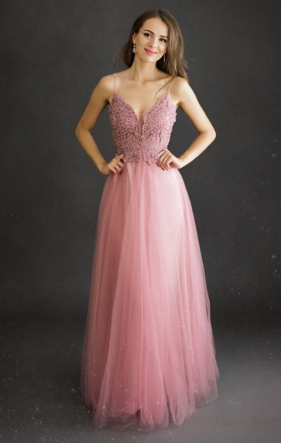 Tiulowa sukienka wieczorowa w kolorze pustynnego różu 2221