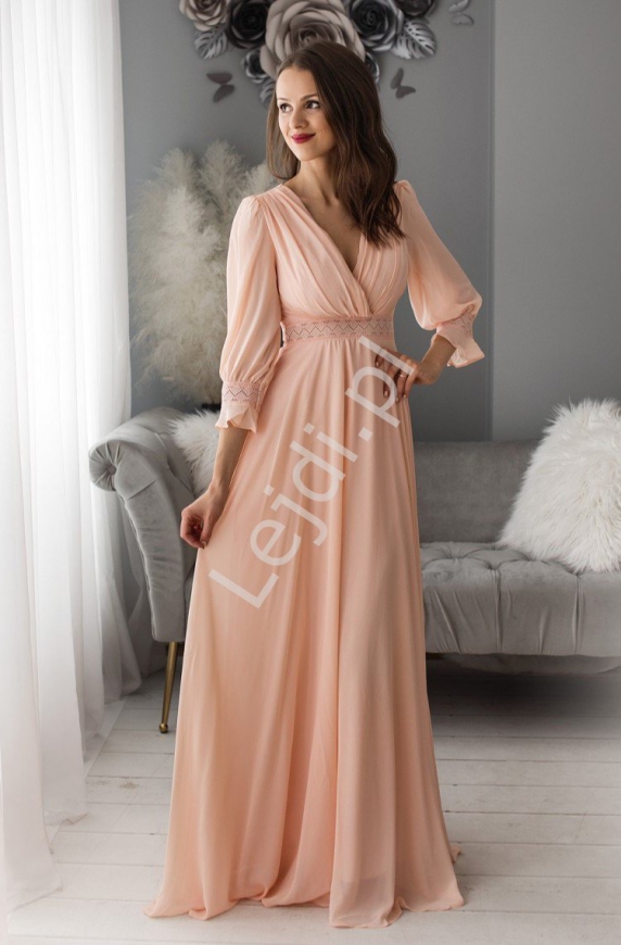 Długa sukienka szyfonowa w romantycznym stylu jasno różowa 1414