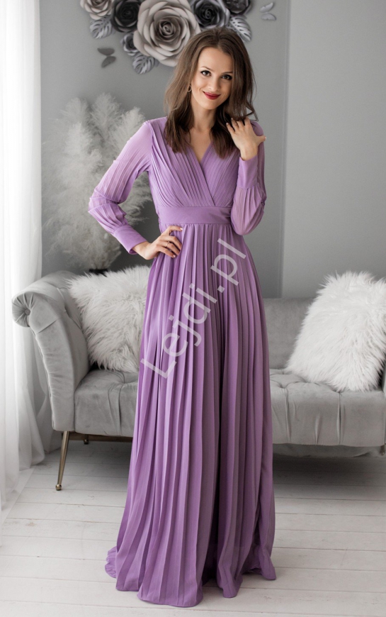 Długa suknia plisowana w kolorze lawendowym 1412