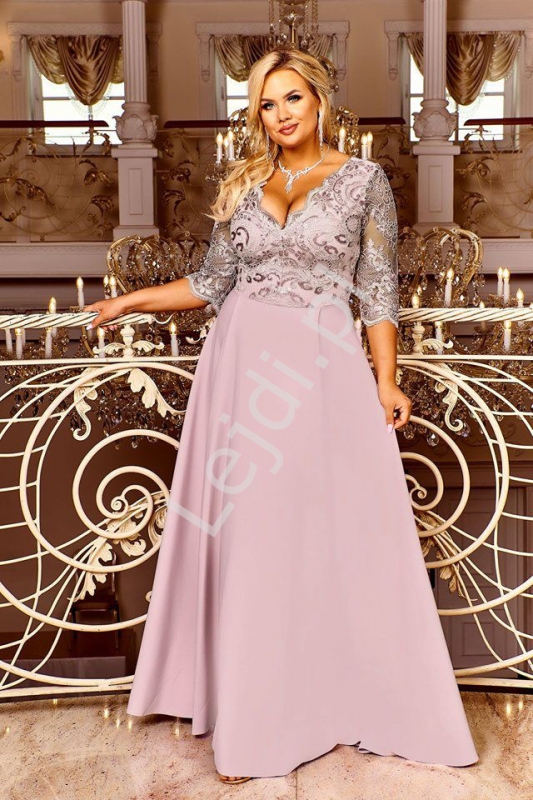 Elegancka sukienka wieczorowa plus size, pudrowo różowa Crystal