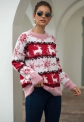 Zimowy sweter z reniferami i śnieżynkami, czerwony sweter damski