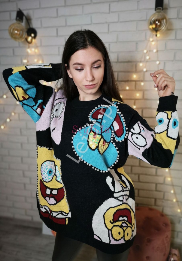 Luksusowy sweter damski z Sponge Bob z perełkami i kryształkami
