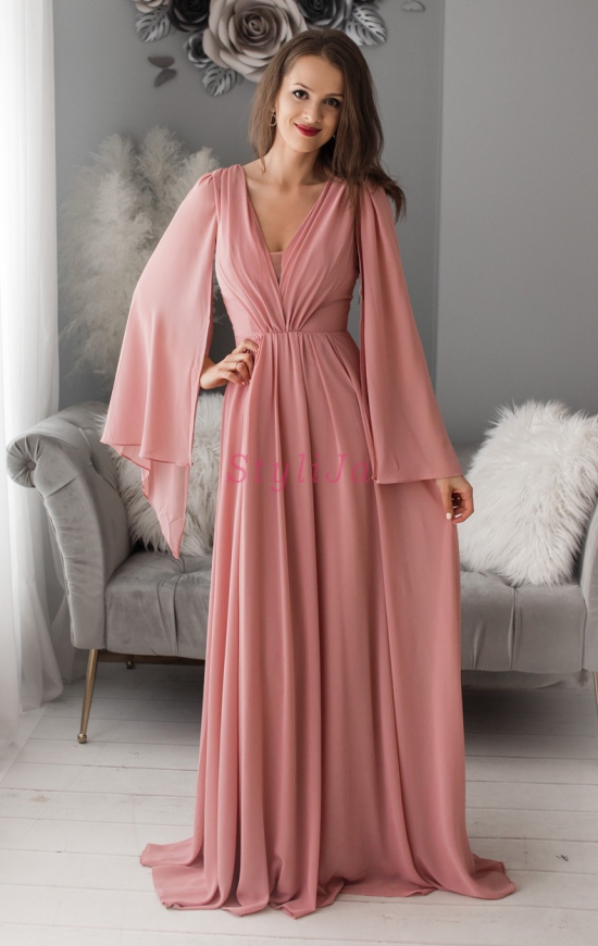 Pustynno różowa suknia wieczorowa z oryginalnym rękawem 1416