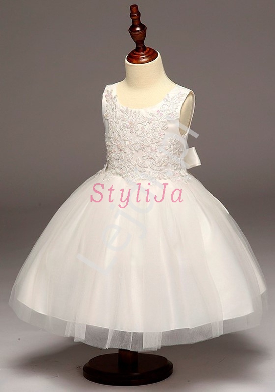 Biała sukienka dla dziewczynki z tiulu, zdobiona koronką