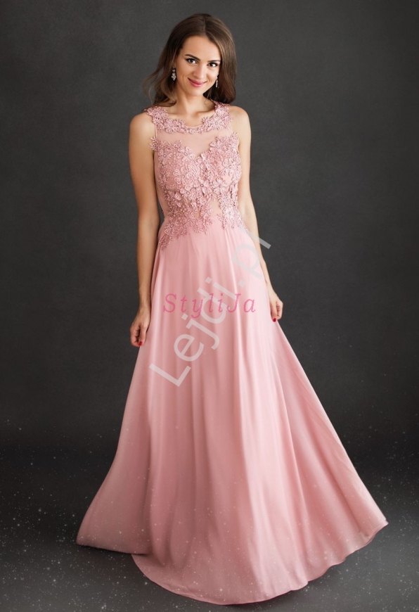 Różowa sukienka wieczorowa z koronką i perełkami 1362