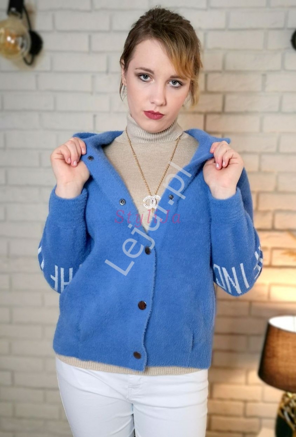 Niebieska bluza alpaka z napisami, krótka kurtka alpaka
